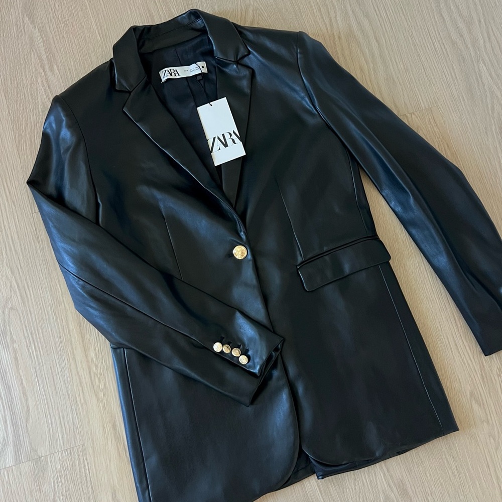 Zara Black Leather Blazer with Gold Button